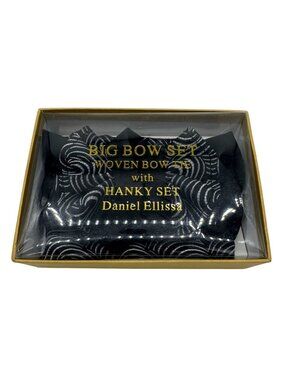 NEW Daniel Ellissa Woven Big Bow Tie & Hanky Set Black Silver Swirl Formal